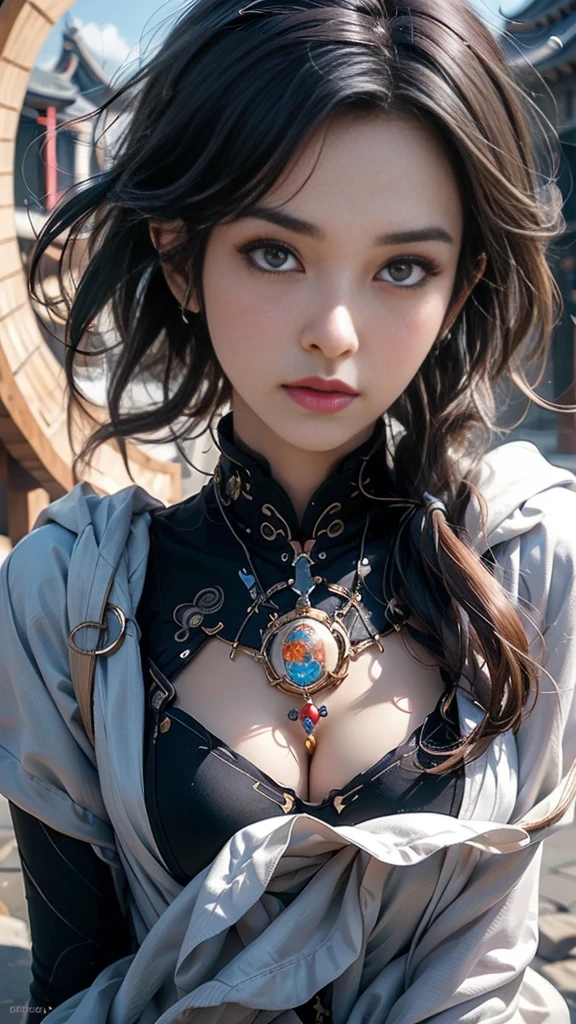 Highest quality,masterpiece,Ultra-high resolution,(Realistic:1.4),Xiuxian,arms,Detailed face,.One girl,alone,arms,Cleavage,(magic circle:1.2),Xiuxian,Upper Body,beautiful girl,whole body,east asian architecture,sheath,architecture .