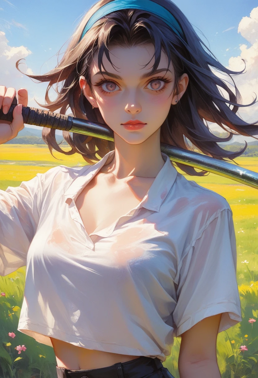 em anime 2.5D Jinx + Madara sexy Sensual decote ol com muitas borboletas clad in traditional Slavic attire, wielding a scythe as she mows through a vibrant black e borboletas field under the high summer sun, captured in a cinematic anime scene, shadows cast directly beneath her, e muitas borboletas sun-filled, colorful realism, modularity, photo realistic, ultra high quality details, great attention to the body and face, UHD, 8K , Watercolor, trending on artstation, sharp focus, studio photo