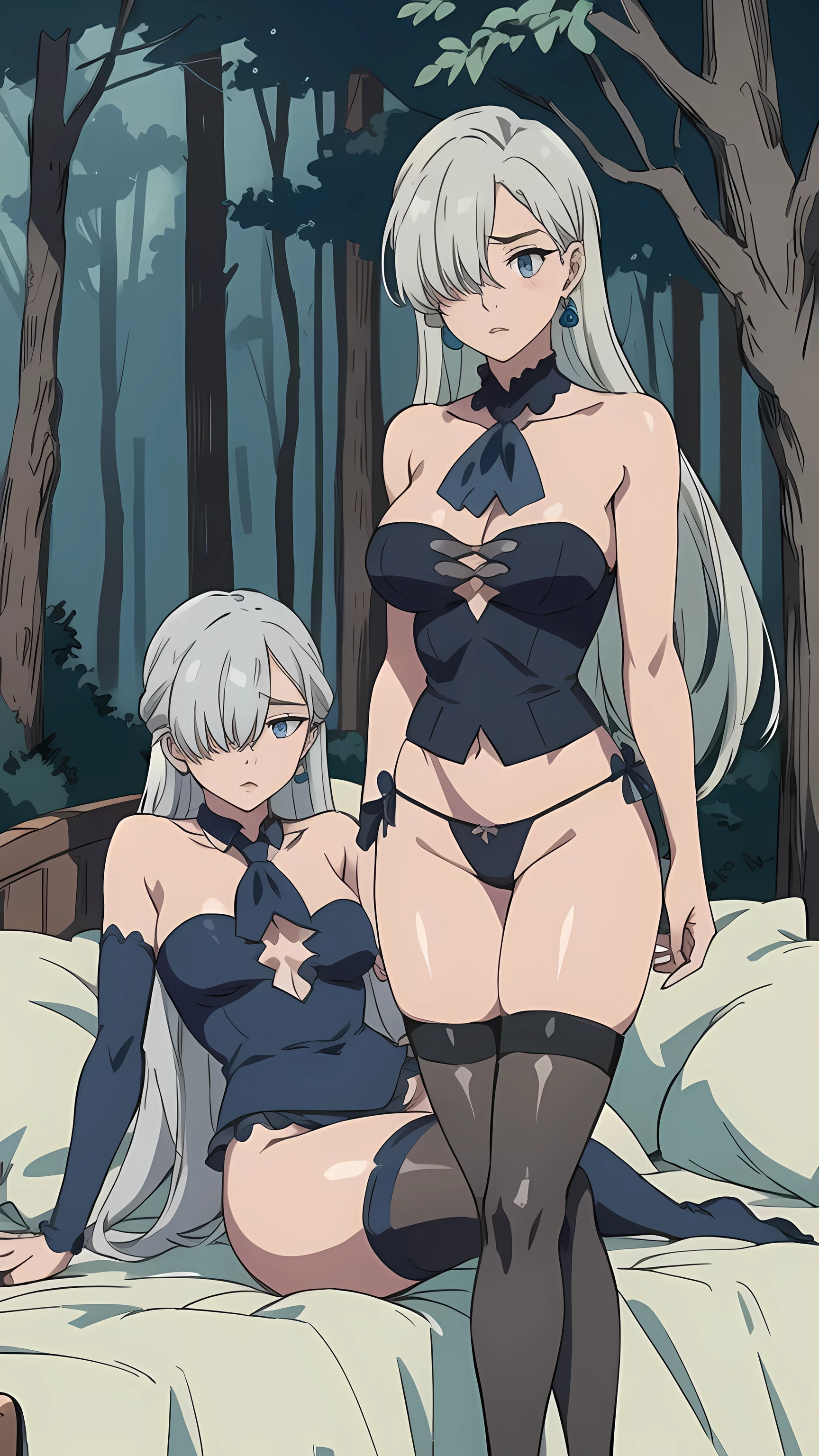 Silver hair, blue eyes, light skin, thigh-high black stocking on right leg, turquoise earrings, hand touching blue bow, (covered eye by hair:1.5), Elizabeth, forest, grass, tree, red lingerie, lying on bed