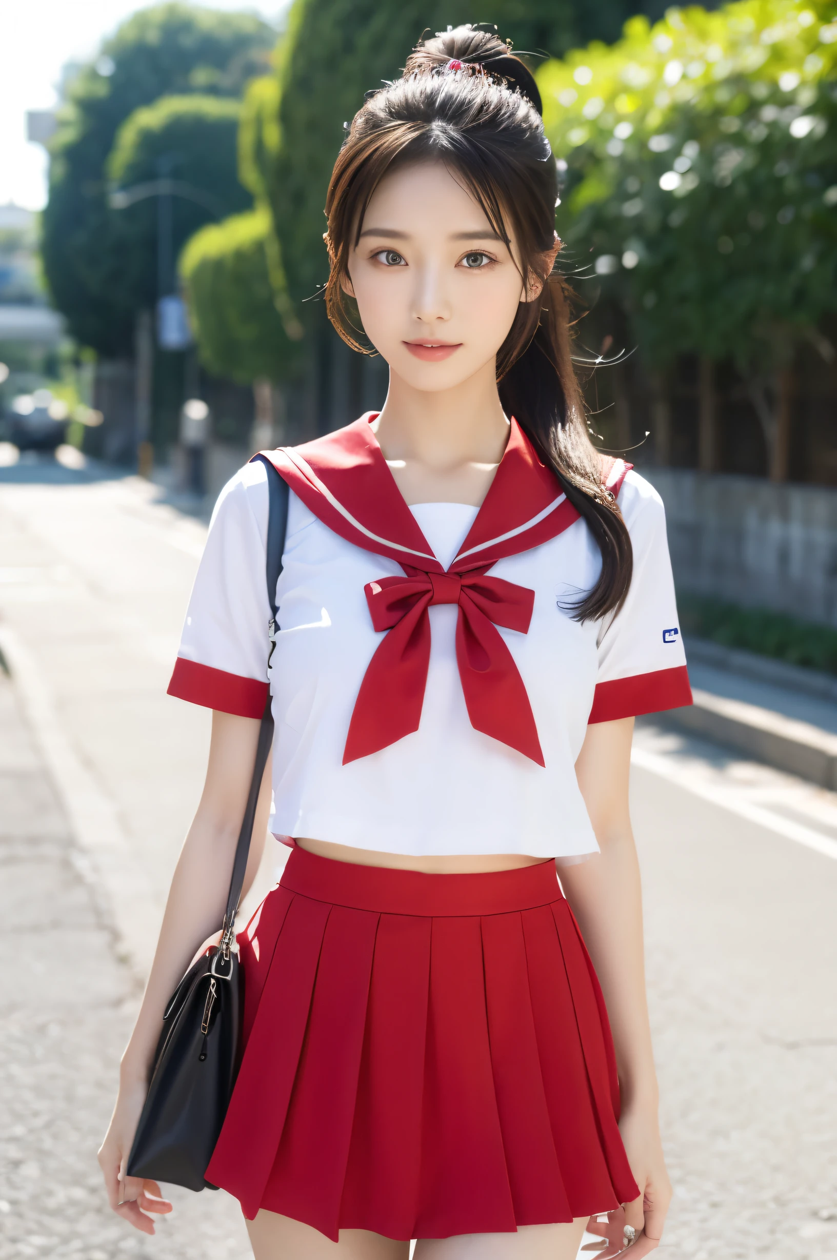 (Ultra HD), (Red short-sleeved sailor suit, Red mini skirt), Big Breasts, slender, Narrow waist, (I can see my belly button:0.8), whole body, Standing posture, (Clean and shiny skin, Whitening, No makeup), (Super slim face, Super beautiful face), (ponytail, Layered Cut, Fluffy hair), (double eyelid, Slanted Eyes), Small Nose, Thin lips, Thin legs, In front of the school gate, evening