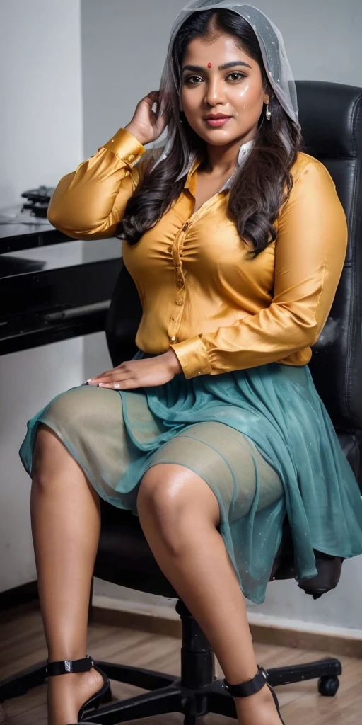 Day scene, full body photo of a plus sized 45 year old indian with a man from top view, (Masterpiece, Best Quality, High Resolution), office Background, (cum Splash on her breasts and nipples, cum Splash on her face, Splash of cum, cum Splash on her blouse, cum Splash on her eys), Sweet 25 year old South indian women sitting on her knees in a crowded party hall with a man, hour glass body red lips, silver colour silky gown, lightly makeup,ultra realistic, realistic, look at viewer (cinematic:1.3), intricate details,