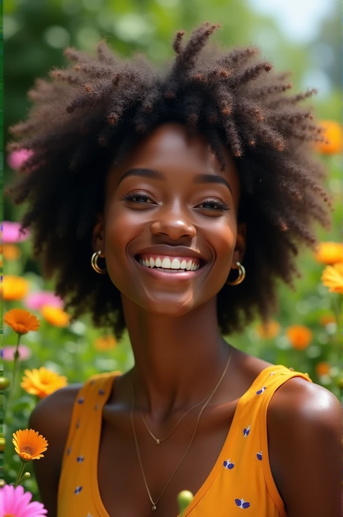 A beautifull black girl ultra réalist whith a Big smile in a gaden