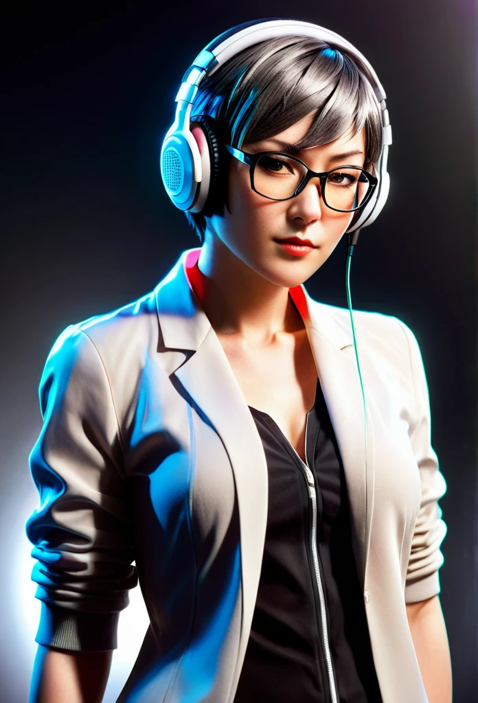 A original character, a adult woman, with a maternal yet alluring gaze. Dressed formally with a touch of sportiness, wearing headphones and glasses. Short hair, strongly inspired by Tae Takemi from Persona 5. Striking a dynamic pose with multiple points of light, featuring calm colors.