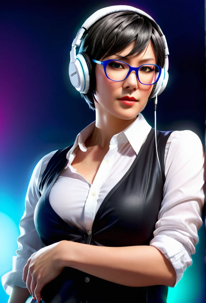 A original character, a adult woman, with a maternal yet alluring gaze. Dressed formally with a touch of sportiness, wearing headphones and glasses. Short hair, strongly inspired by Tae Takemi from Persona 5. Striking a dynamic pose with multiple points of light, featuring calm colors.