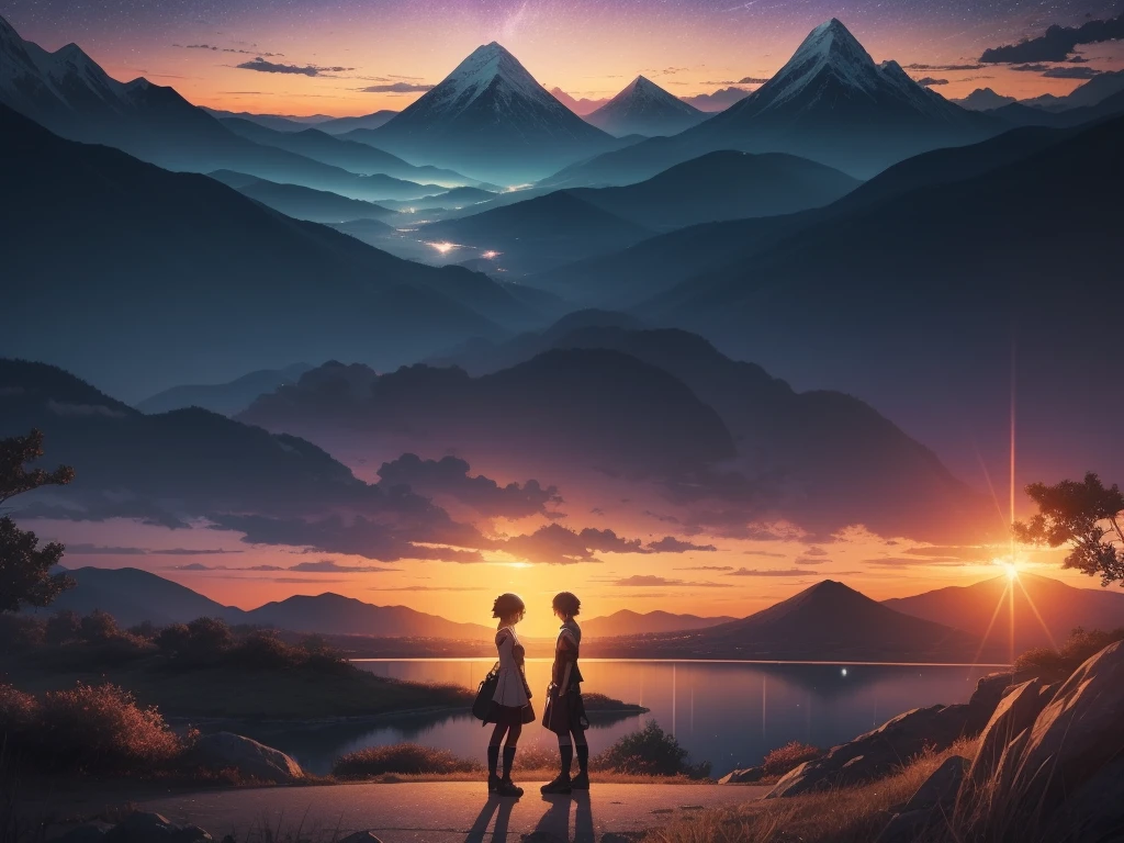 Epic anime-style battle scene in 4K quality, inspired by Makoto Shinkai's cinematic style, capturing an intense face-off between characters in a vibrant landscape. The background features a sunset over a serene lake, with mountains silhouetted against a sky of warm oranges and pinks. Characters are engaged in dynamic combat, but the overall atmosphere retains a calm, reflective vibe, with soft, warm lighting and twinkling stars in the sky, blending the intensity of the battle with the tranquility of a Lo-Fi aesthetic