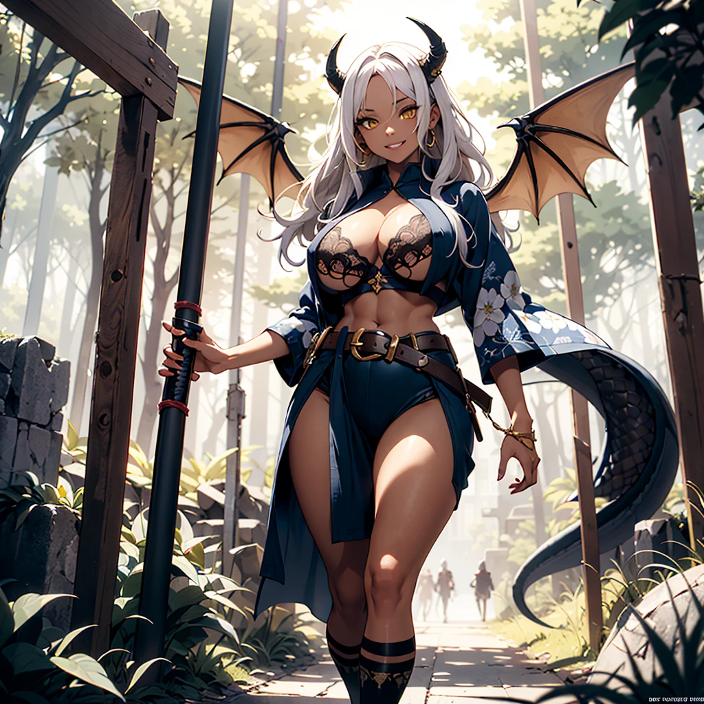 ((best quality)), ((masterpiece)), (detailed), 1 draconian-woman, 8k_wallpaper, extremely detailed eyes, (large masterpiece digital art), (intricate details:1.3 ), (ultra-detailed:1.3), (sharp focus:1.3), (natural lighting:1.05), (vivid colors:1.3), (best quality:1.4), high quality, expressive eyes, full body, detailed face, beautiful face, perfect face, ((hair sandy white curls)), (dragon dark blue horns), (gold eyes), {{dark skin}}, ({dark skinned female}), big breasts, (huge chest), strong powerfully visible muscles of the abdomen and thighs and legs, strong muscles of the arms, bold and decisive playful look of golden eyes, a predatory and vulgar smile with many fangs, she is wearing an open dark blue silk lush kimono with patterns of golden maple leaves, a white translucent cotton crop-top outlines of nipples under clothing, leather mini-shorts, lowered leather wide red belts on the waist with large yarn, a backpack with a two-handed katana, behind there is a long large dragon dark blue tail growing from the butt, she walks along a path against the backdrop of a dense forest and the ruins of an old castle, sunny clear day, fantasy style character concept art,
