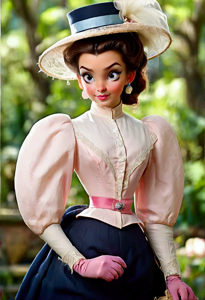 Year 1898. Humanized Minnie Mouse as a pretty, flirty **** girl, seducing a horny 69yo gentleman. 1890s fashion. Victorian high-collar navy blue dress with (((long puff sleeves cuffed into wrist-high white silk gloves. Powder blue sash cinched around her waist. Navy blue ankle skirt. Pink straw boater hat with a stuffed white bird held on top and a veil in the front))). Long raven brunette hair (((tied into a bun enclosed in a net))). Wasp waist. (((Bubble butt sticking out))). Petticoats. Thigh-high silk stockings. High-waisted open bloomers. (((White high-heel button boots:1.2))). 1890_dr3ss. Gorgeous face, big blue eyes, dimple cheeks, coquettish smile. Victorian park setting. (((Full body)))