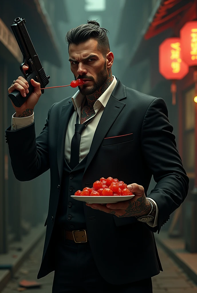 Make a picture of a dangerous gangster holding a gun and a tang hulu