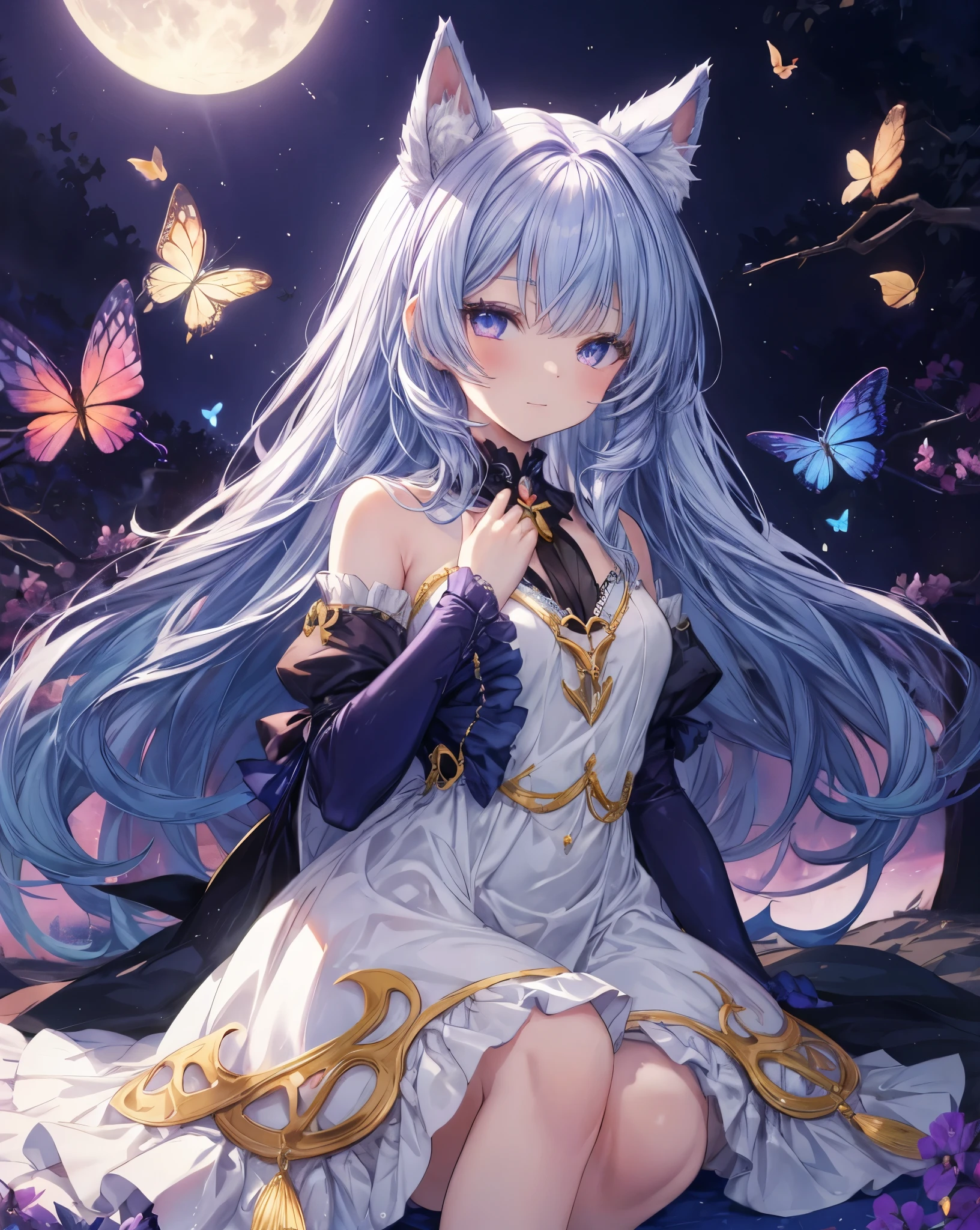 Anime-style of seraphina, the Dream Keeper.  Macro eyes shot. Cat ears. She is a cat girl with neko ears,cute blue butterfly wings, ethereal blue hair with golden highlights, reminiscent of twilight. Her eyes are a deep, intense blue, like the morning sky. She wears a light, flowing lavender dress with golden star-like details. Her cat ears are purple with golden tips, and she has a crescent moon pendant around her neck. Seraphina is surrounded by rainbow glowing butterflies that follow her wherever she goes. The background is a dreamy, surreal scenery landscape with soft, pastel colors, evoking a sense of tranquility and magic. Bare shoulders. Giant moon behind her. 