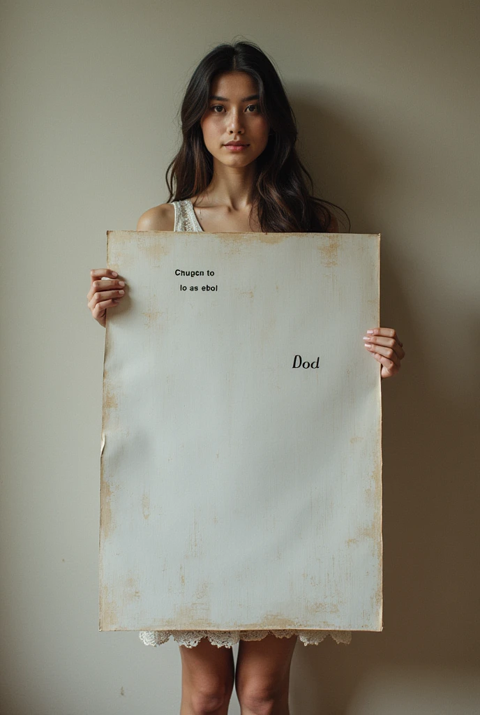 realistic photo, detailed photo, look at the viewer, ( large poster stand in front of the girl, large poster has word and design on it, large poster cover the body of girl,)