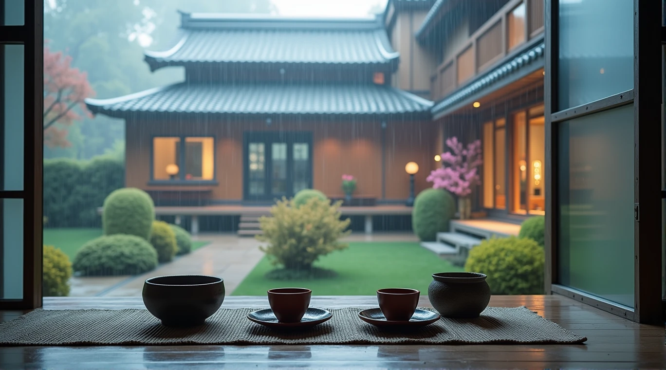 a couple of cups sitting on top of a wooden table, a picture, inspired by Itō Jakuchū, shutterstock, at evening during rain, pot, window, zen garden