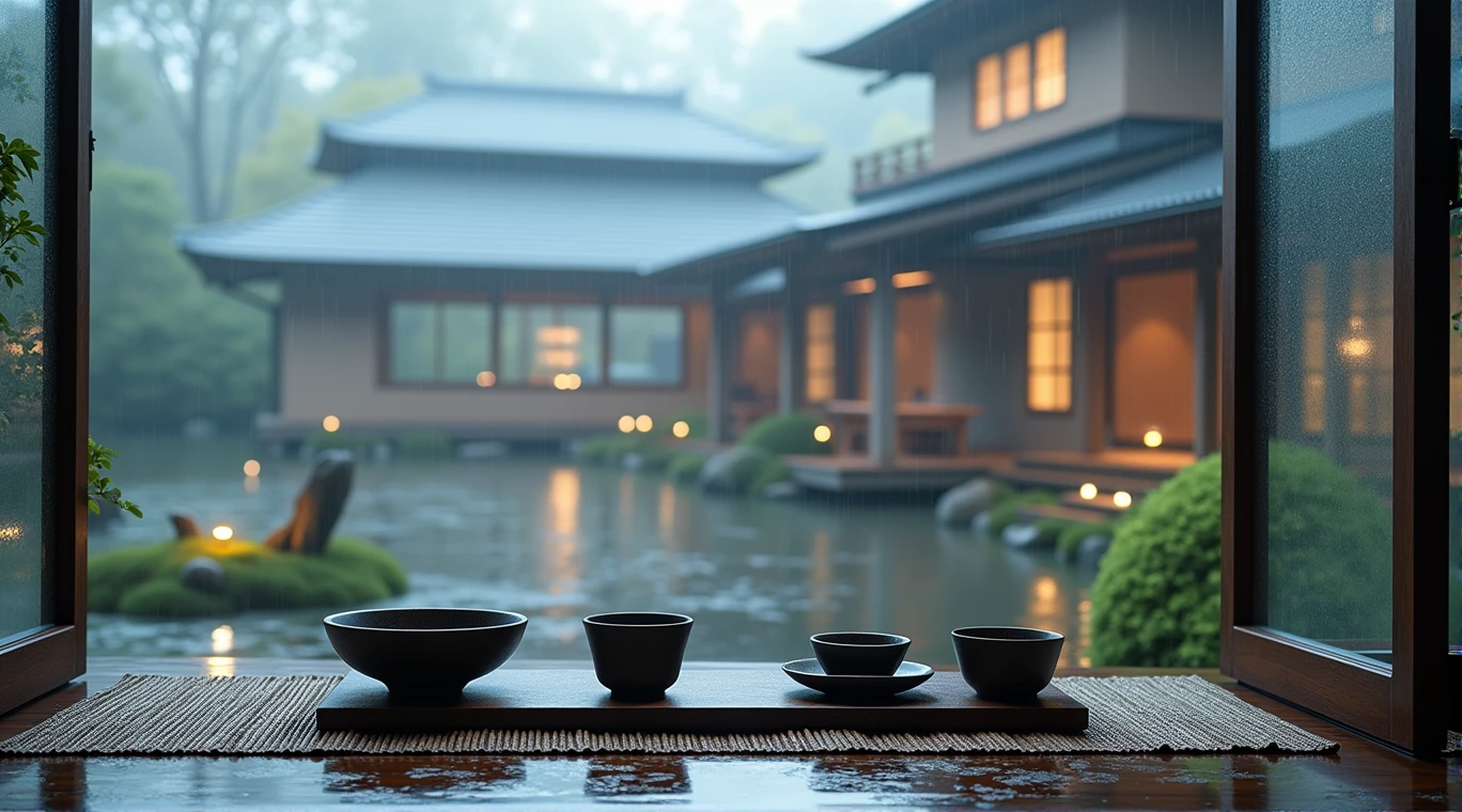 a couple of cups sitting on top of a wooden table, a picture, inspired by Itō Jakuchū, shutterstock, at evening during rain, pot, window, zen garden