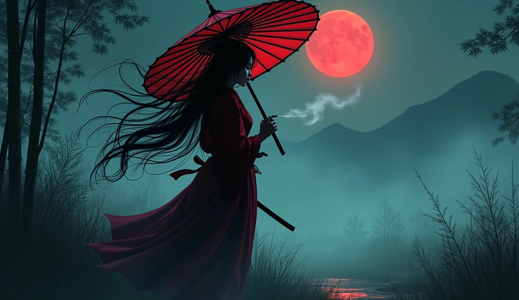 Samurai girl holding a big umbrella,smoking a cigarrete with a bunch of black shadows behinds him,long hair,fog,wind,night,highnoon,bamboo,grass on the ground,mud on the ground,film grain,,traditional japanese art,oriental,,sekiro,ghost of tsushima,handmade,art nouveau,detailed, sexy, nsfw detailed beauty face, all body shot, colorful