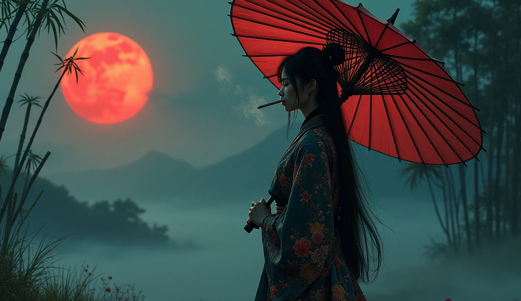 Samurai girl holding a big umbrella,smoking a cigarrete with a bunch of black shadows behinds him,long hair,fog,wind,night,highnoon,bamboo,grass on the ground,mud on the ground,film grain,,traditional japanese art,oriental,,sekiro,ghost of tsushima,handmade,art nouveau,detailed, sexy, nsfw detailed beauty face, all body shot, colorful