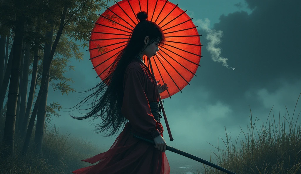 Samurai girl holding a big umbrella,smoking a cigarrete with a bunch of black shadows behinds him,long hair,fog,wind,night,highnoon,bamboo,grass on the ground,mud on the ground,film grain,,traditional japanese art,oriental,,sekiro,ghost of tsushima,handmade,art nouveau,detailed, sexy, nsfw detailed beauty face, all body shot, colorful