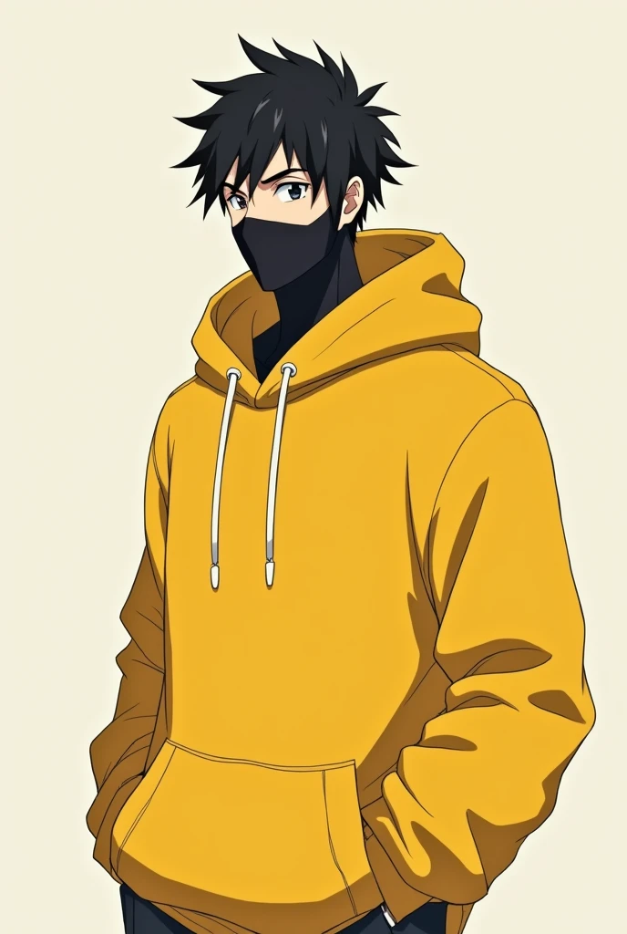 A male anime character looking strate, a mask on face, weared a hoodi, clear face, full body picture, stand picture,hoodi colour yellow