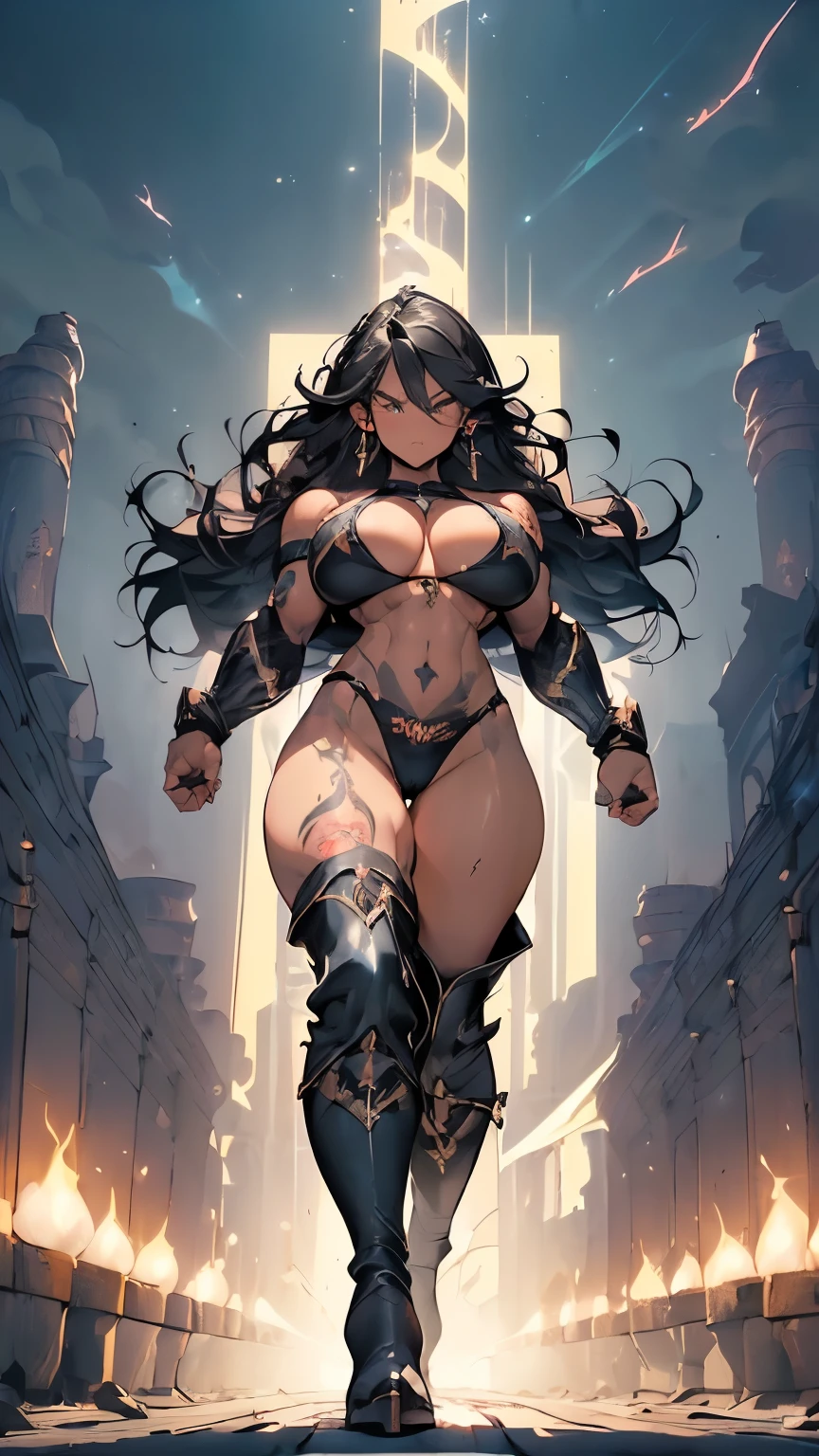 Black wavy hair、Dark Elf、Sunburned skin、(Amazoness、Bodybuilder、Huge muscles、Large)、((Huge breasts:1.5)、(small string bikini:1.3)、(Underboob、Sideboob、Cleavage、Camel toe)、(Abdominal muscles、Pectoralis major、Muscular々、strong、Thick arms)、(((Wide Hips、Thick thighs、Are fat、glamorous))))、((Giant gauntlet:1.5)、(Knee-high boots:1.5))、NSFW、(Black collar、Black handcuffs)、(((Big shiny tattoo on crotch、Big shiny tattoo on belly、Big tattoo on shoulder、Glowing tattoos all over the body)))、hit、(((Shooting from below at an angle、Executing a high kick)))
