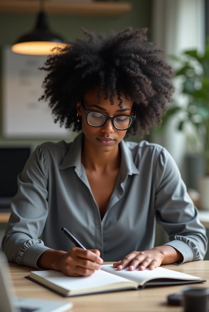 a black woman, with curly hair wearing glasses with a gray blouse, sitting at a desk in an office with a personalized diary in her hand