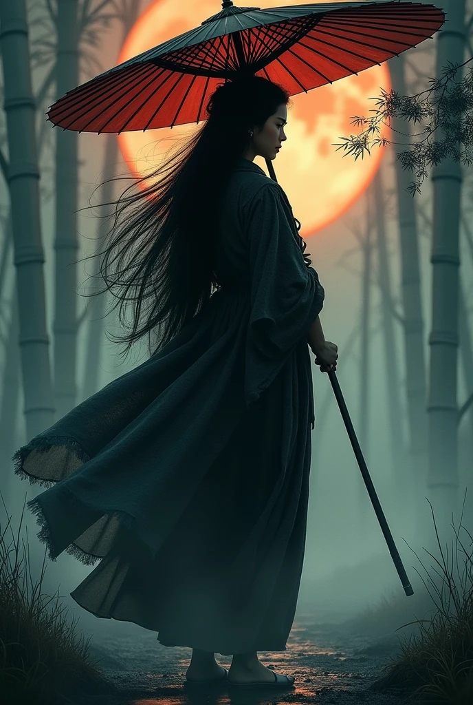 Samurai girl holding a big umbrella,with a bunch of black shadows behinds him,long hair,fog,wind,night,highnoon,bamboo,grass on the ground,mud on the ground,film grain,,traditional japanese art,oriental,sekiro,ghost of tsushima,handmade,art nouveau,detailed, sexy, nsfw detailed beauty face, all body shot