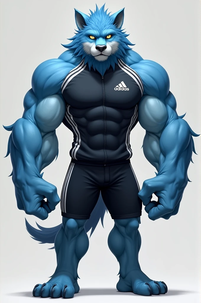 Blue Furry, Muscular Body, Wearing Black Adidas Tracksuit
