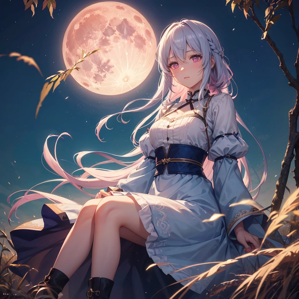 (Sky blue braided medium length hair), (Pink eyes),(Fair skin)  ,(whole body),(One Girl),(harvest moon),(Miscanthus sinensis in the background),autumn,(full moon),(masterpiece, Highest quality, Very detailed, Best Shadow), (Detailed Background), (Beautifully detailed face), High Contrast, (Best lighting, Very delicate and beautiful), ((Cinematic Light)), Hyper Detail,8k, Dramatic Light, 