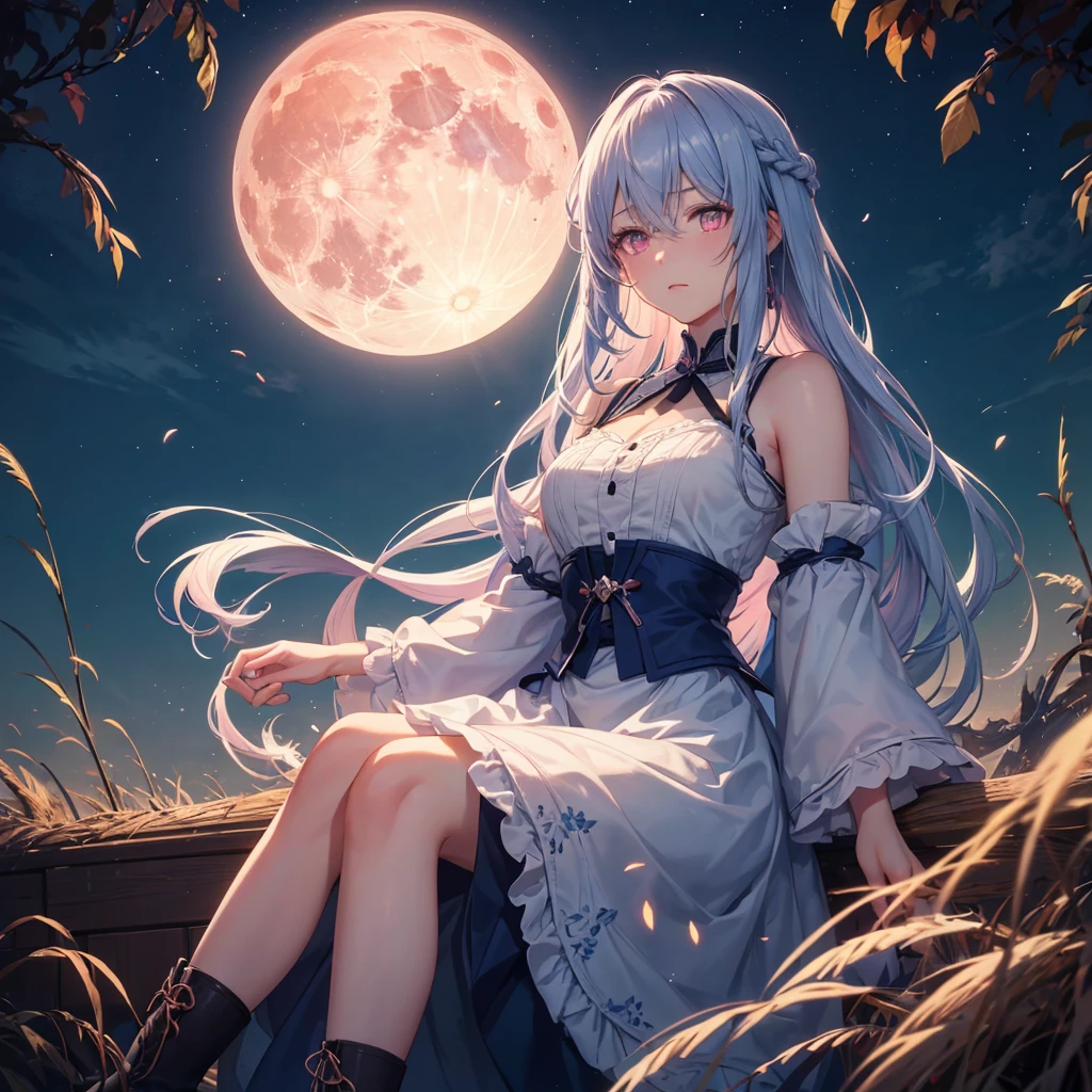 (Sky blue braided medium length hair), (Pink eyes),(Fair skin) ,(whole body),(One Girl),(harvest moon),(Miscanthus sinensis in the background),autumn,(full moon),(masterpiece, Highest quality, Very detailed, Best Shadow), (Detailed Background), (Beautifully detailed face), High Contrast, (Best lighting, Very delicate and beautiful), ((Cinematic Light)), Hyper Detail,8k, Dramatic Light,