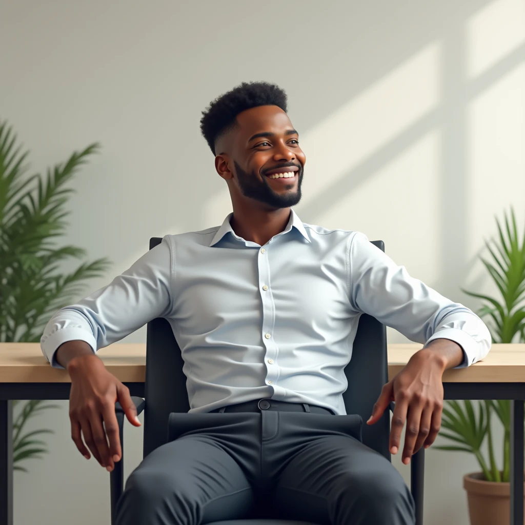 Image of an African-American male office worker resting while looking forward, smiling and looking confident 