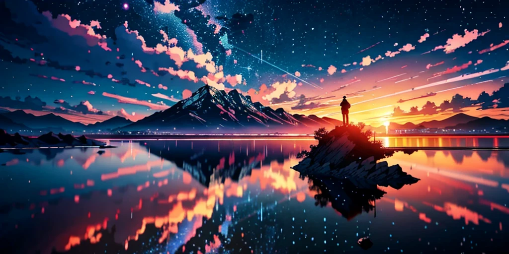 Epic anime-style battle scene in 4K quality, inspired by Makoto Shinkai's cinematic style, capturing an intense face-off between characters in a vibrant landscape. The background features a sunset over a serene lake, with mountains silhouetted against a sky of warm oranges and pinks. Characters are engaged in dynamic combat, but the overall atmosphere retains a calm, reflective vibe, with soft, warm lighting and twinkling stars in the sky, blending the intensity of the battle with the tranquility of a Lo-Fi aesthetic.