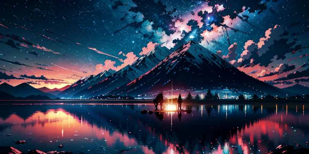 Epic anime-style battle scene in 4K quality, inspired by Makoto Shinkai's cinematic style, capturing an intense face-off between characters in a vibrant landscape. The background features a sunset over a serene lake, with mountains silhouetted against a sky of warm oranges and pinks. Characters are engaged in dynamic combat, but the overall atmosphere retains a calm, reflective vibe, with soft, warm lighting and twinkling stars in the sky, blending the intensity of the battle with the tranquility of a Lo-Fi aesthetic.
