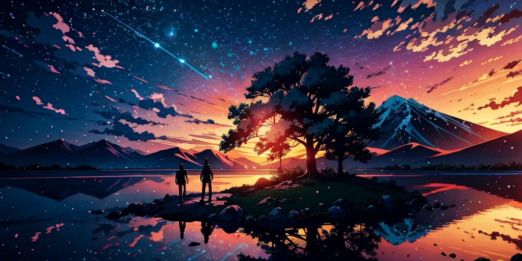 Epic anime-style battle scene in 4K quality, inspired by Makoto Shinkai's cinematic style, capturing an intense face-off between characters in a vibrant landscape. The background features a sunset over a serene lake, with mountains silhouetted against a sky of warm oranges and pinks. Characters are engaged in dynamic combat, but the overall atmosphere retains a calm, reflective vibe, with soft, warm lighting and twinkling stars in the sky, blending the intensity of the battle with the tranquility of a Lo-Fi aesthetic.