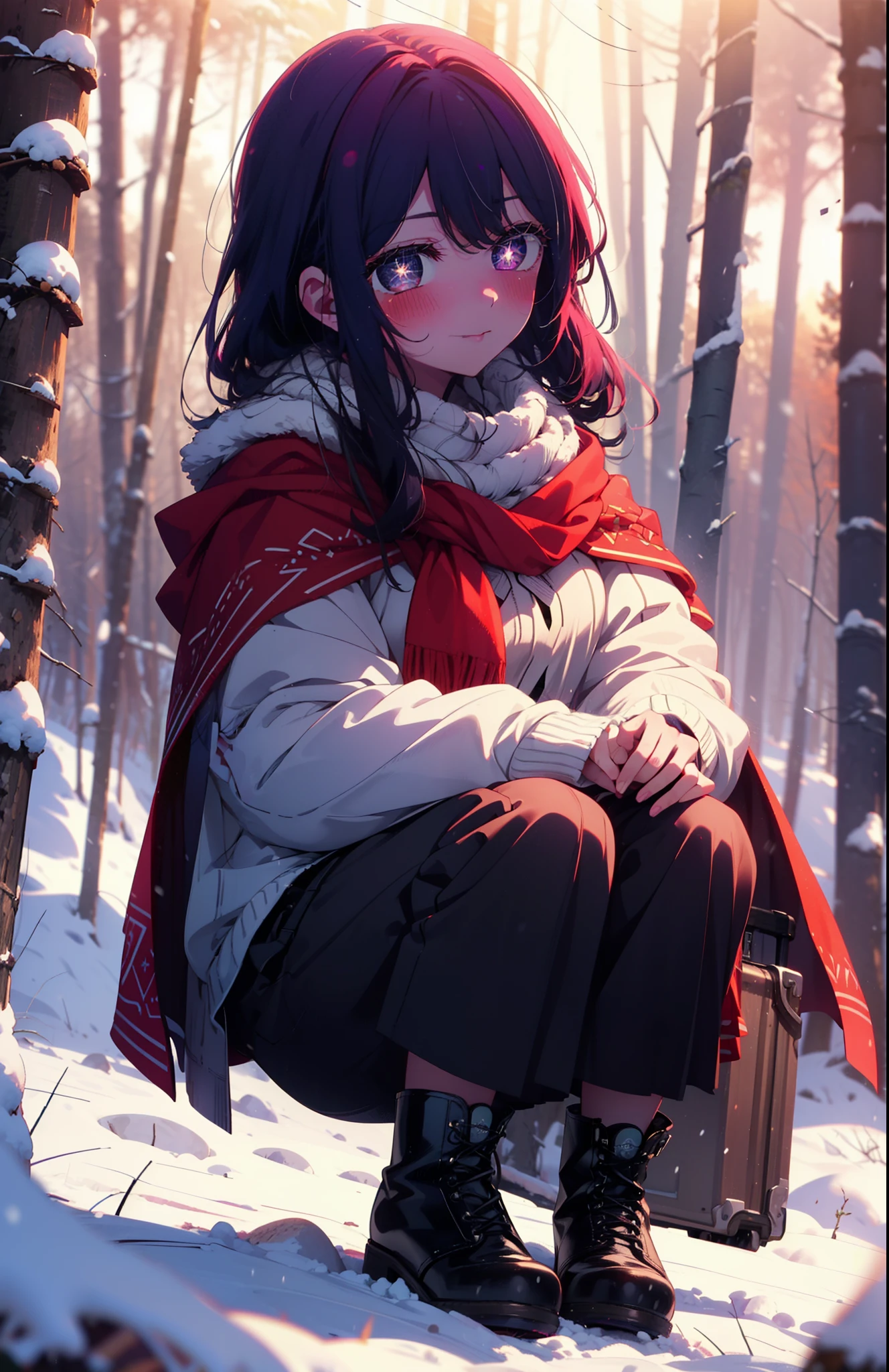 aihoshino, Ai Hoshino, Long Hair, bangs, (Purple eyes:1.1), Purple Hair, (Symbol-shaped pupil:1.5), smile,,smile,blush,white breath,
Open your mouth,snow,Ground bonfire, Outdoor, boots, snowing, From the side, wood, suitcase, Cape, Blurred, , forest, White handbag, nature, Squat, Mouth closed, Cape, winter, Written boundary depth, Black shoes, red Cape break looking at viewer, Upper Body, whole body, break Outdoor, forest, nature, break (masterpiece:1.2), Highest quality, High resolution, unity 8k wallpaper, (shape:0.8), (Beautiful and beautiful eyes:1.6), Highly detailed face, Perfect lighting, Extremely detailed CG, (Perfect hands, Perfect Anatomy),