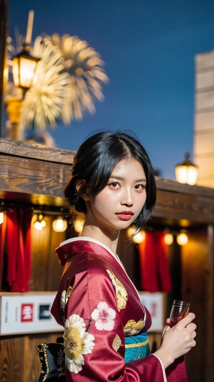 Masterpiece, best quality, ultra high resolution, hyper realistic, realistic, (photorealistic:1.4), masterpiece of analog film photograph a girl, black hair, wearing kimono, taken by Hideaki Hamada using Pentax 67II and Kodak Portra, fireworks, Fireworks background, sky