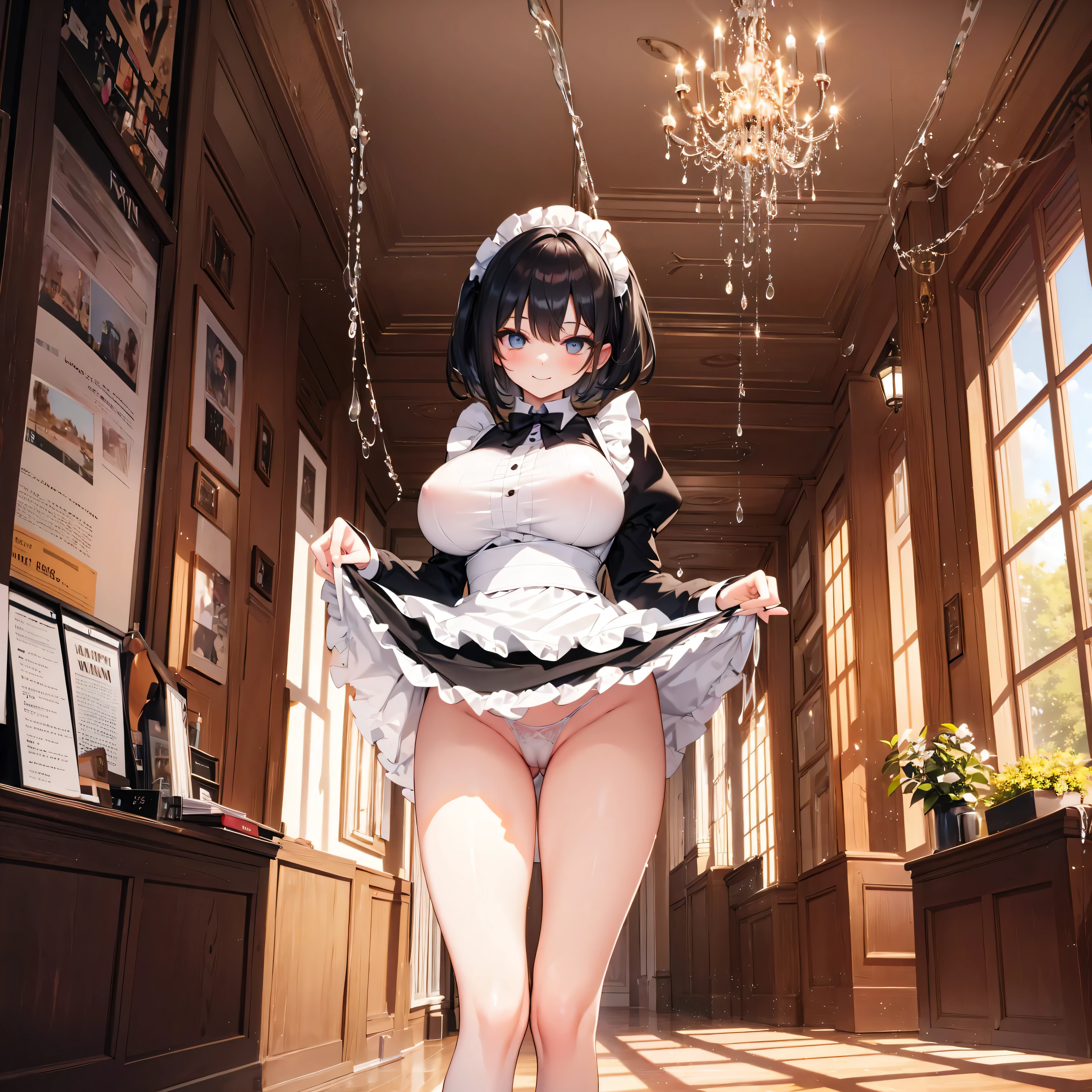 (solo:1.2), (1 skinny maid standing) in hallway, (curtsey:1.3), skinny, maid dress, short black hair, long sidelocks, bangs, BREAK, short torso, white apron cinches waist too tight, (inconceivably narrow waist:1.2), long skinny legs, (bursting huge breasts), BREAK, (both hands lifting too short skirt up), (show off white string panty), BREAK, nsfw, cameltoe, orgasm, forced smile