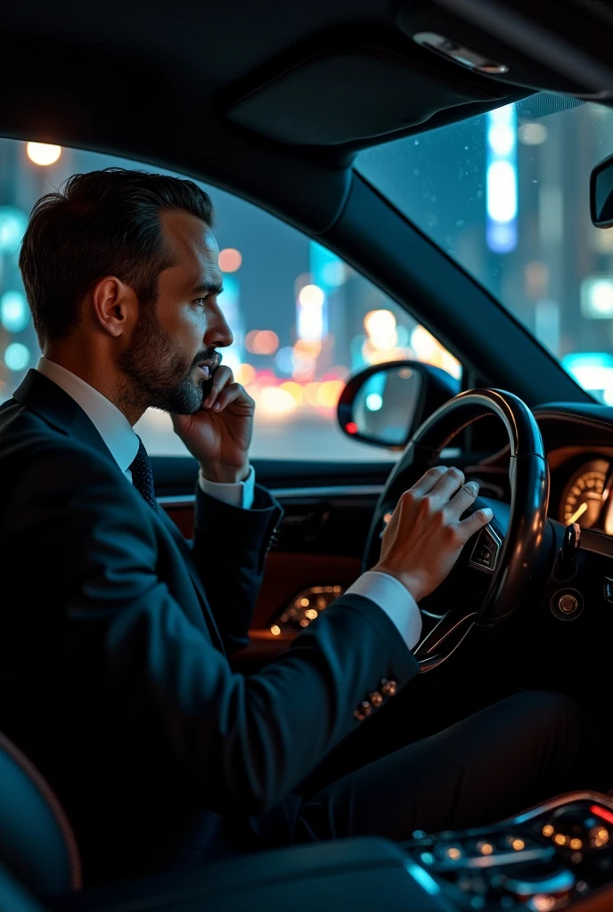 A man in his luxury car trading on phone view is night and city is full of lights . He is sitting inside the car and face not visible . Avoid face show view of the steering