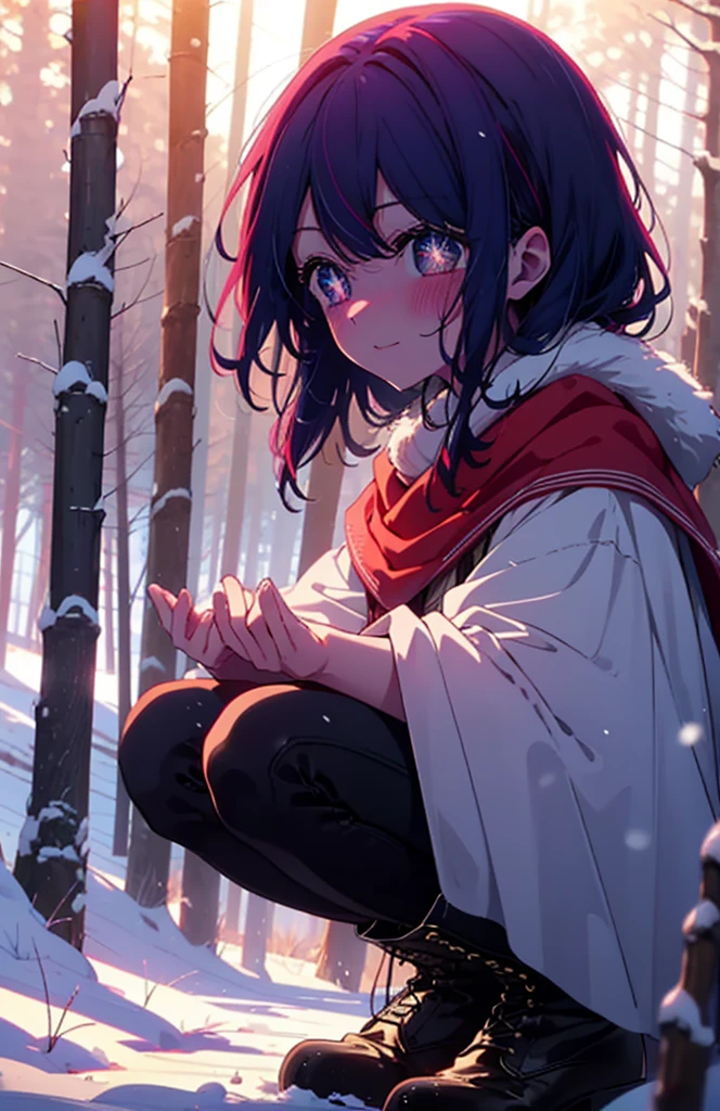 aihoshino, Ai Hoshino, Long Hair, bangs, (Purple eyes:1.1), Purple Hair, (Symbol-shaped pupil:1.5), smile,,smile,blush,white breath,
Open your mouth,snow,Ground bonfire, Outdoor, boots, snowing, From the side, wood, suitcase, Cape, Blurred, , forest, White handbag, nature, Squat, Mouth closed, Cape, winter, Written boundary depth, Black shoes, red Cape break looking at viewer, Upper Body, whole body, break Outdoor, forest, nature, break (masterpiece:1.2), Highest quality, High resolution, unity 8k wallpaper, (shape:0.8), (Beautiful and beautiful eyes:1.6), Highly detailed face, Perfect lighting, Extremely detailed CG, (Perfect hands, Perfect Anatomy),
