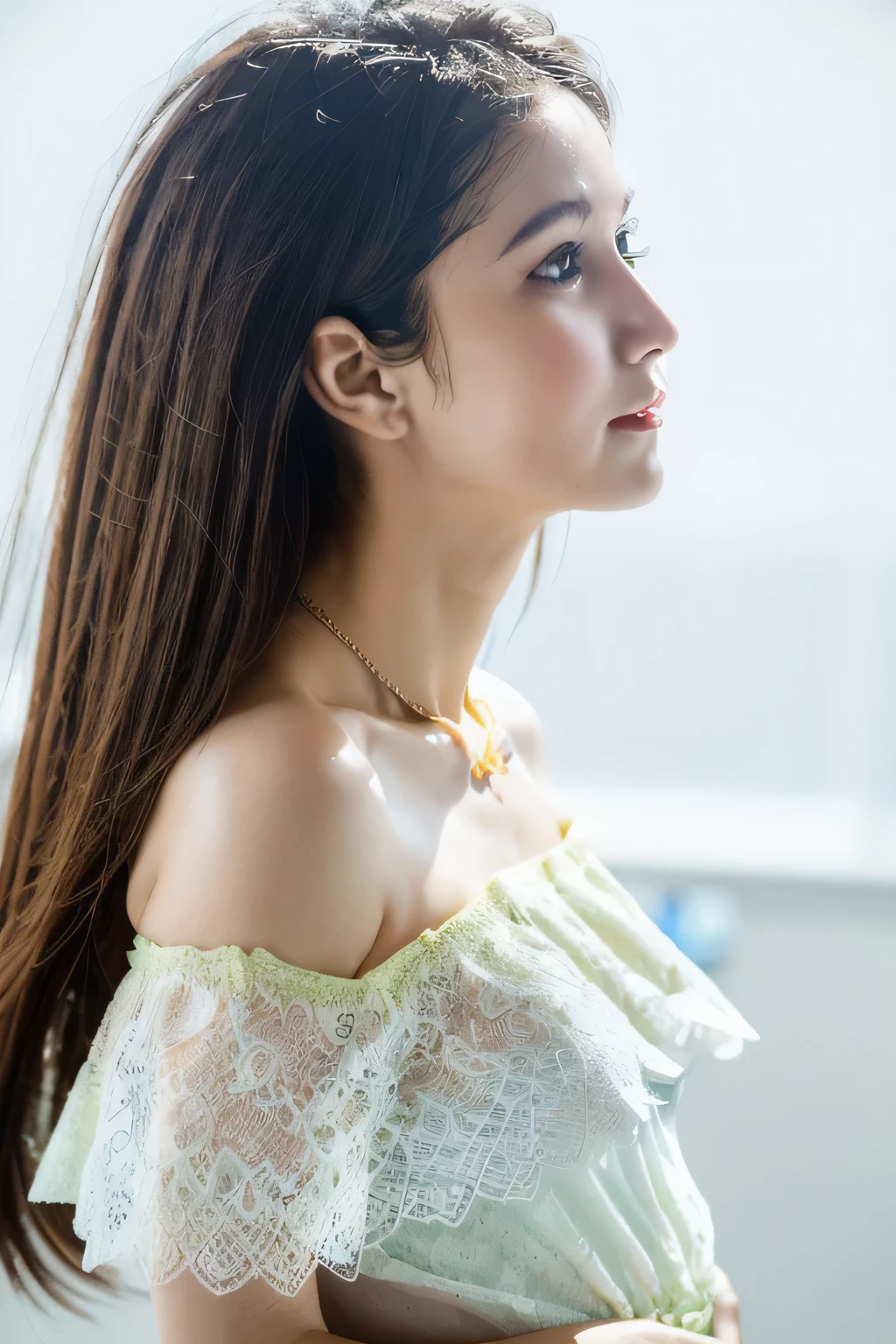((Highest quality, 8k, masterpiece: 1.3)), sharp: 1.2, Perfect Body Beauty: 1.6, ((Layered Hairstyles, Small breasts: 1.5)), (blue sky: 2.0), (White and green lace dress: 2.0), (Off-the-shoulder dress: 2.0, A dress with a gap through which you can see her nipples: 2.0), ((long hair: 2.0)), (necklace: 2.0), Earrings, ring, Bracelet, Hair Accessories, ((Beautiful young ager woman)), ((Straight nose)), (Eyeliner), Armpit Hair, Bristles, ((White and beautiful skin)), Wavy Hair, Beautiful attention to detail, Super detailed, Highly detailed face and skin texture, fine grain, double eyelid, Black Hair, Big Ass, Lower Body, Thighs, (((Skinny))), Wet and shiny lips, (smile: 1.0), Touching your own body, ((Anatomically correct human body)), ((Crisp body shape)), Ribs, clavicle, Protruding skeleton, A face without nasolabial folds, Shyness, Thin eyebrows, Big eyes, (Narrow shoulders: 2.0), White skin, (shoot from side: 1.5)