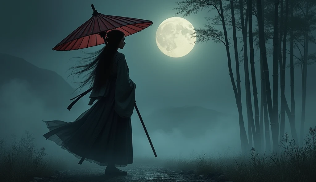 Samurai girl holding a big umbrella,with a bunch of black shadows behinds him,long hair,fog,wind,night,highnoon,bamboo,grass on the ground,mud on the ground,film grain,,traditional japanese art,oriental,sekiro,ghost of tsushima,handmade,art nouveau,detailed, sexy, nsfw detailed beauty face, all body shot, all detailed idol chinese face