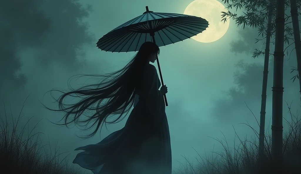 Samurai girl holding a big umbrella,with a bunch of black shadows behinds him,long hair,fog,wind,night,highnoon,bamboo,grass on the ground,mud on the ground,film grain,,traditional japanese art,oriental,sekiro,ghost of tsushima,handmade,art nouveau,detailed, sexy, nsfw detailed beauty face, all body shot, all detailed idol chinese face