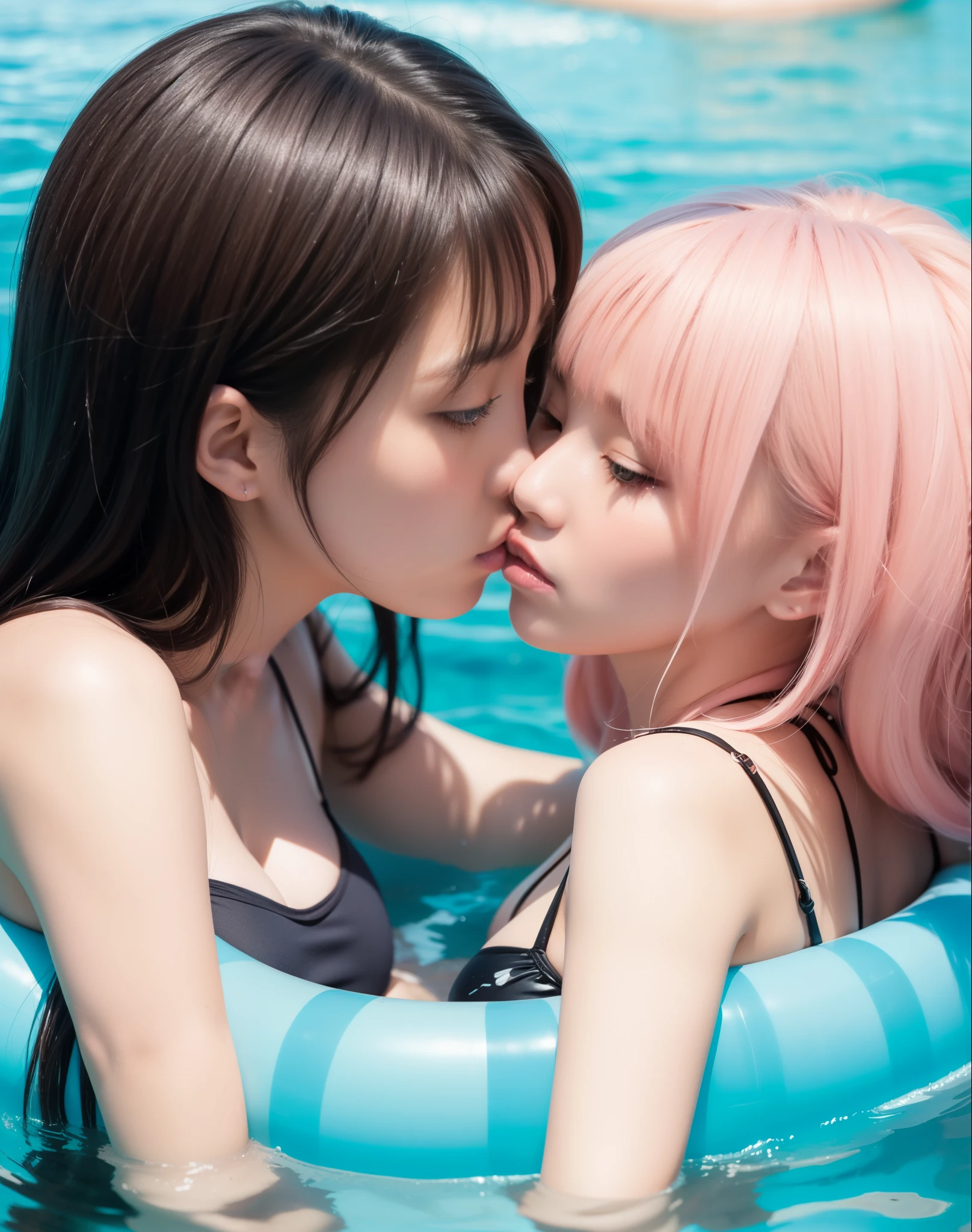 8k,masterpiece,Japanese,best quality, two girls, (kissing:1.5), bikini, (innertube1.7), (reluctantly:1.2), (blush:1.8), (breasts:1.4)