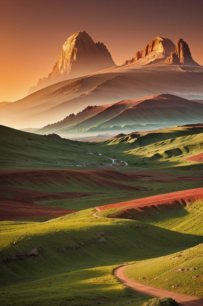 a beautiful valley on mars, lush green meadows, rolling hills, vivid colors, dramatic red sky, mountains in the distance, alien flora and fauna, surreal and otherworldly, cinematic composition, highly detailed, 8k, photorealistic, dramatic lighting, warm color tones, epic scale, sense of wonder and exploration