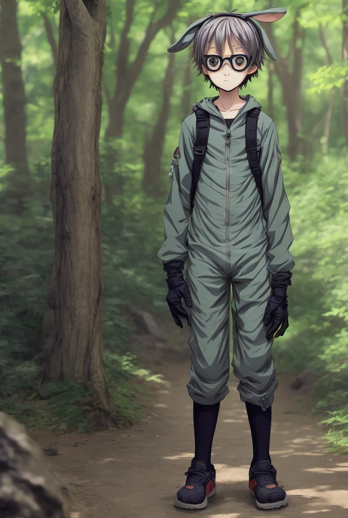 Shota,,2D anime boy,One-piece hiking suit,Rabbit ears,slender figures,Protective goggles,Fingerless gloves,adolable,standing on your feet,is shy