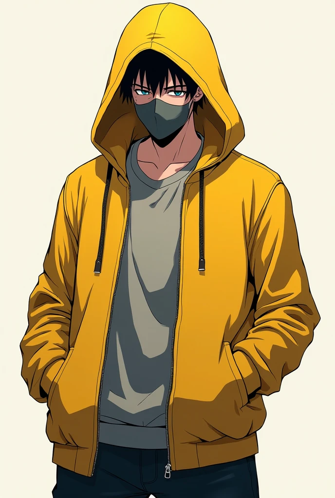 A male anime character looking strate, a mask on face, weared a hoodi, clear face, full body picture, stand picture,hoodi colour yellow, looking strate 