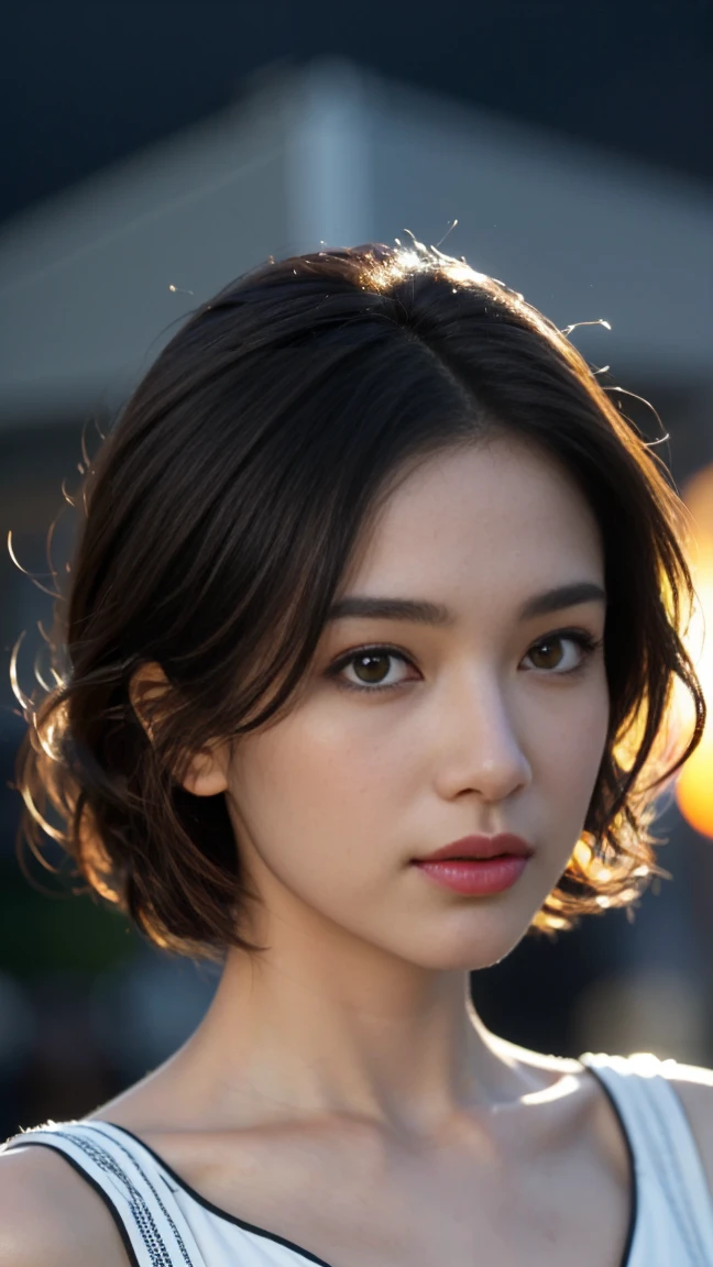 A girl holding a camera, mix4,(8k, RAW photo, best quality, masterpiece:1.2), (realistic, photo-realistic:1.37),1girl,cute,cityscape, night, rain, wet, professional lighting, photon mapping, radiosity, Physically-based rendering, gradient brunette hair, short curly hair, handsome, girly, white ball set, superb picture quality, high resolution, 1080p, (clear face), (detailed face description), (detailed hand description), (masterpiece), (exquisite CG), extreme light and shadow, messy hair, masterpiece, rich detail, (exquisite facial features), (highest image quality), (masterpiece), (detailed eyes), look forward to your eyes, delicate collarbone, kebaya_bali