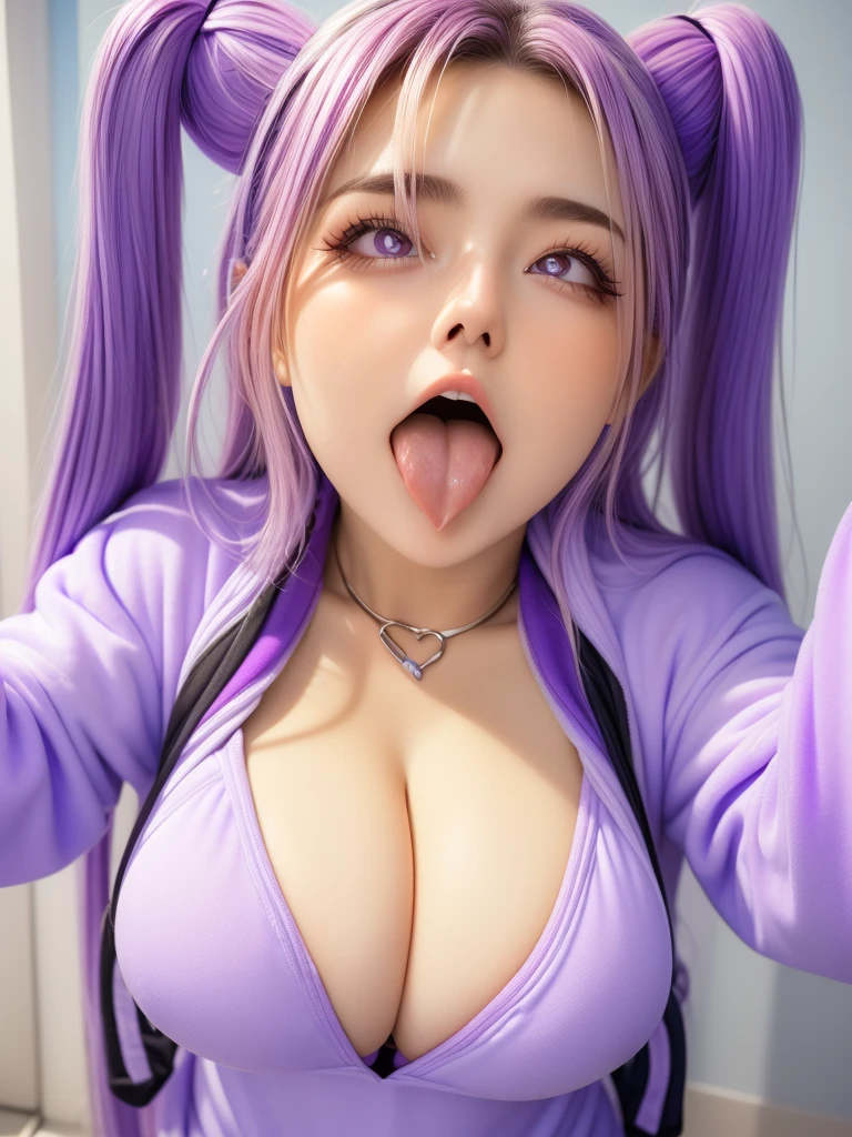 masterpiece,One girl,alone , (Heart eyes, heart eyes, love face, beautiful eyes, heart in eyes),Open your mouth, hoodie bra,,  (Static Restraints),Upper Body、Gigantic Breasts、saliva, Violet long hair, Hand press chest, Best result, from above view, Nipple, see through top