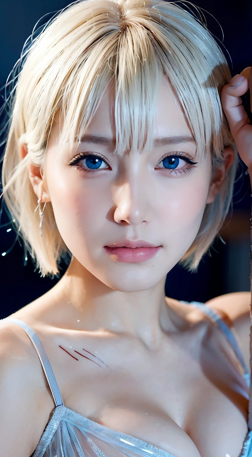 Beautiful and fair、Glowing Skin, 3 Up, Nice, bright, Refreshing and gentle look, Perfect beautiful face、Platinum blonde short hair,Beautiful shiny bangs, Very beautiful girl, eyeliner, so perfect and beautiful、big, clear, Sky blue eyes,Very large breasts,The original skin is visible through the grooves,athlete
