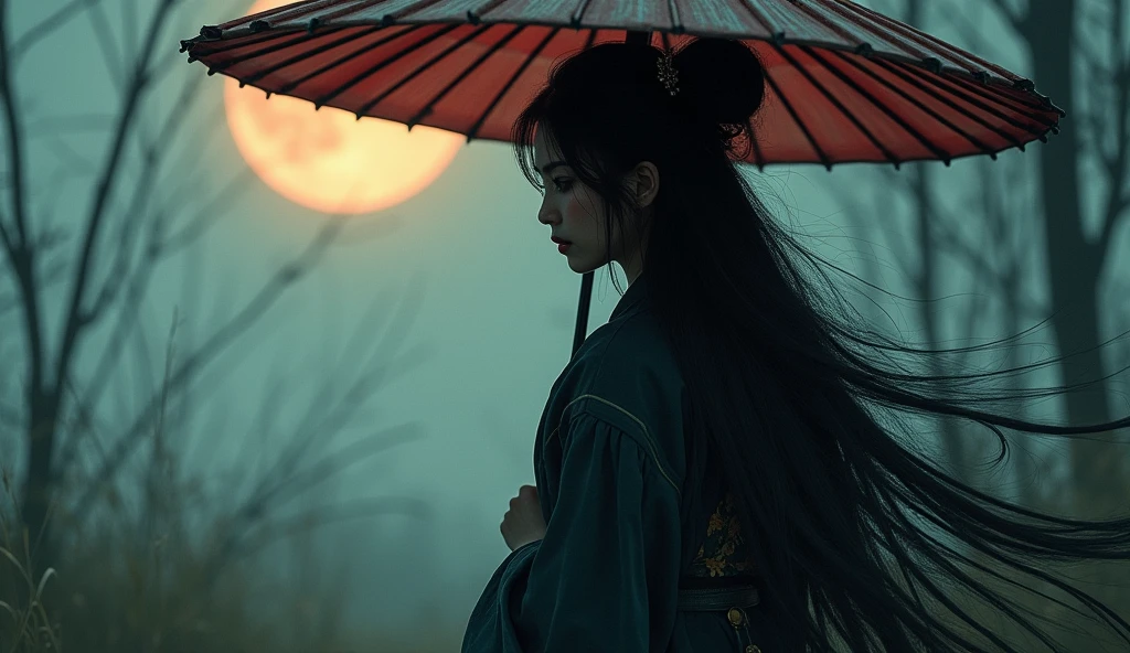 Samurai girl holding a big umbrella,with a bunch of black shadows behinds him,long hair,fog,wind,night,highnoon,bamboo,grass on the ground,mud on the ground,film grain,,traditional japanese art,oriental,sekiro,ghost of tsushima,handmade,art nouveau,detailed, sexy, nsfw detailed beauty face, all upper body shot