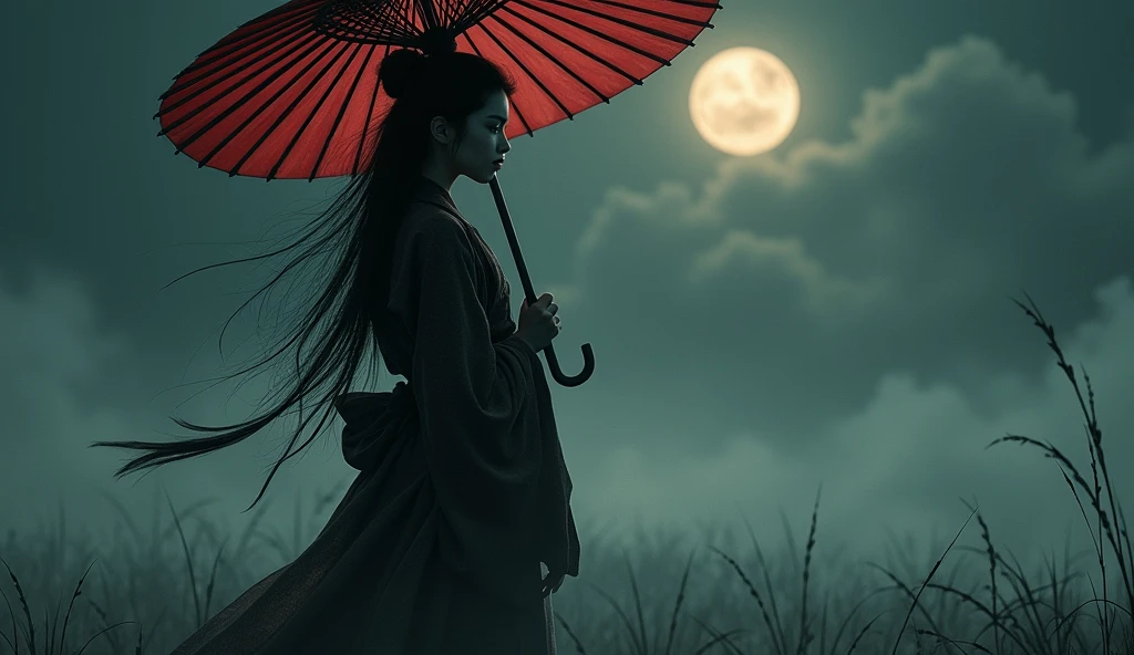 Samurai girl holding a big umbrella,with a bunch of black shadows behinds him,long hair,fog,wind,night,highnoon,bamboo,grass on the ground,mud on the ground,film grain,,traditional japanese art,oriental,sekiro,ghost of tsushima,handmade,art nouveau,detailed, sexy, nsfw detailed beauty face, all upper body shot