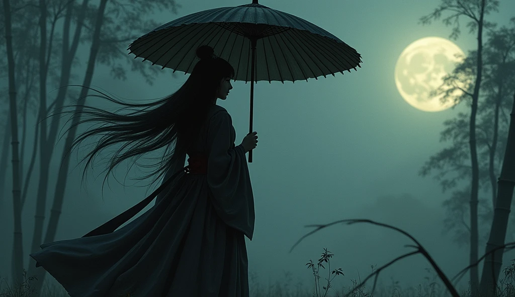 Samurai girl holding a big umbrella,with a bunch of black shadows behinds him,long hair,fog,wind,night,highnoon,bamboo,grass on the ground,mud on the ground,film grain,,traditional japanese art,oriental,sekiro,ghost of tsushima,handmade,art nouveau,detailed, sexy, nsfw detailed beauty face, all upper body shot