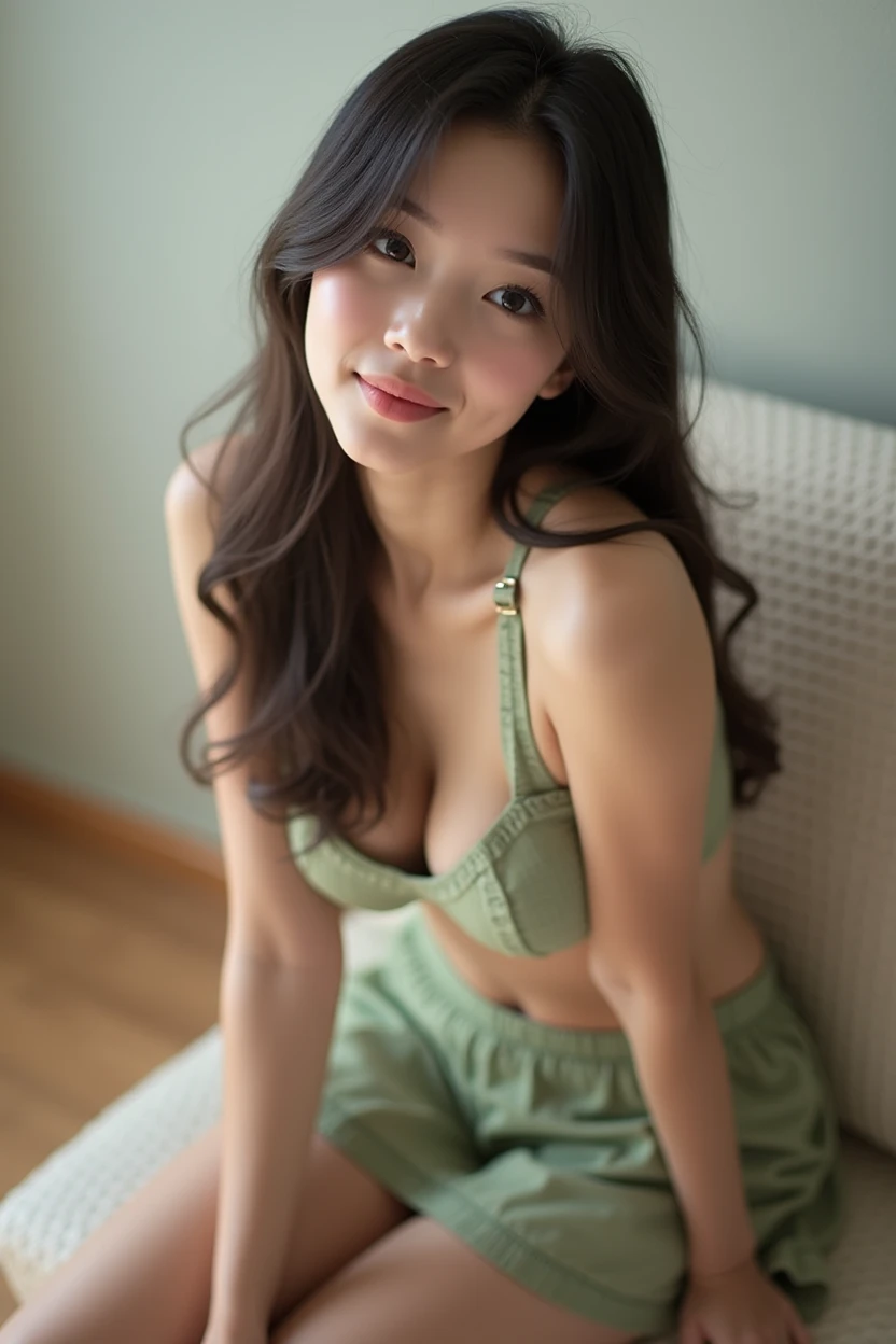 Realistic photos、Focus on the face of a cute high school girl、Bikini、Beautiful sitting , Sit well, Taken from the opposite seat, skirt, High heels, pantyhose,