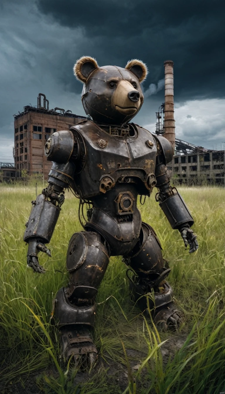 Wasteland style, creature , industrial style, abandoned factory, national costumes, a bear , grass, machinery abandoned industrial building background, accumulation of pollutants, grassland, pollutant gas emissions, dark sky, apocalypse, harsh environment, (masterpiece, best quality, Professional, perfect composition, very aesthetic, absurdres, ultra-detailed, intricate details:1.3)